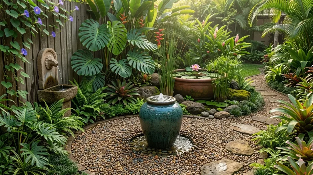 How to add a water feature to a small garden β featured image showing bubbling urn, wall fountain, and container water garden in a compact space.