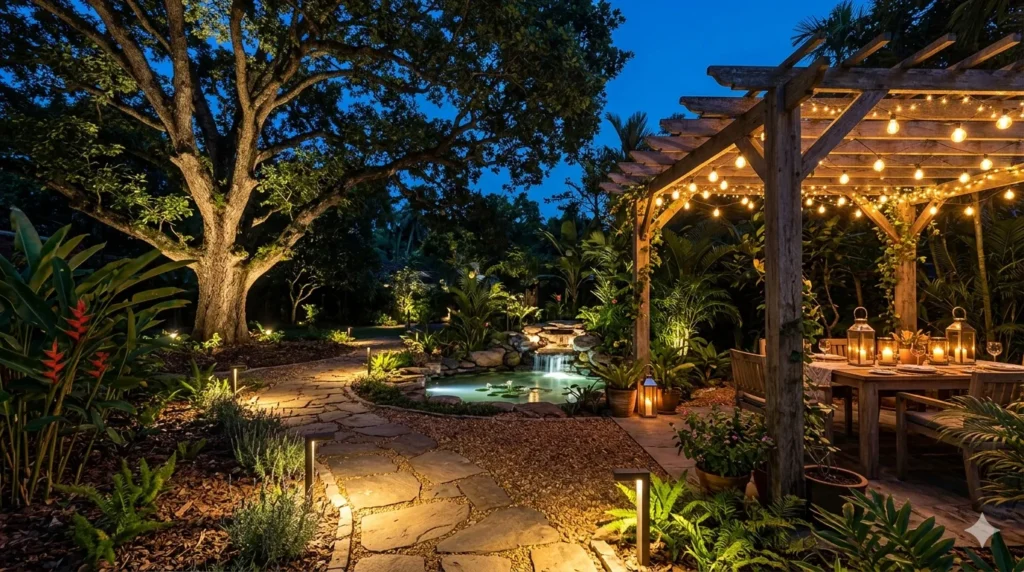How to light a garden for evenings and entertaining – featured image showing path lights, uplighting, string lights, lanterns, and pond lighting.