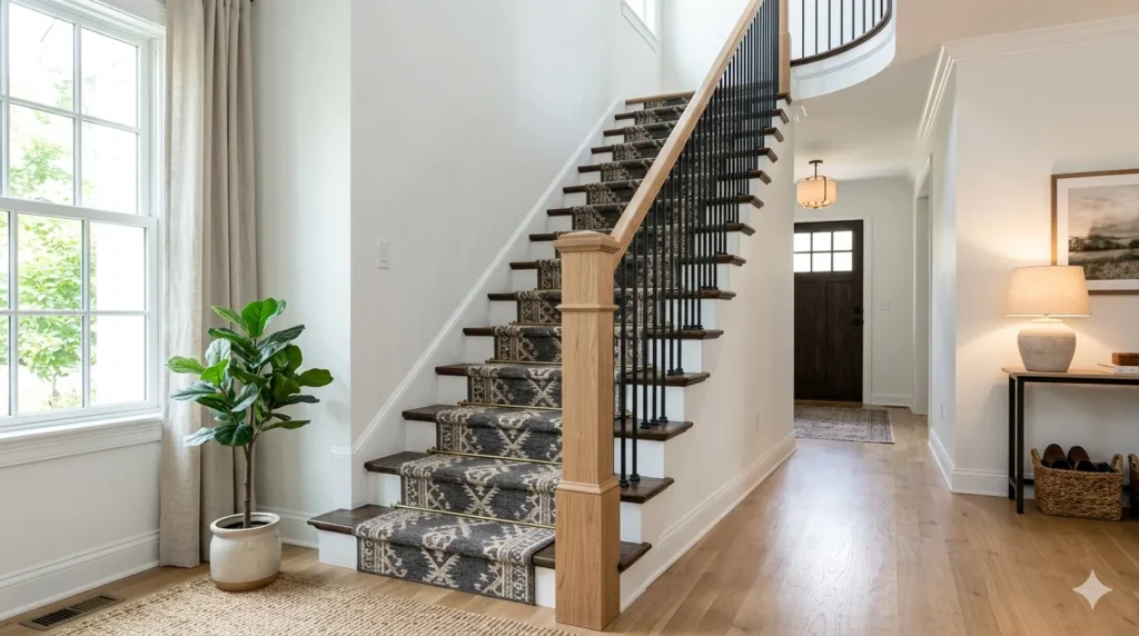 How to update a dated staircase without replacing it β featured image of a transformed staircase with white risers, stained treads, iron balusters, stair runner, and modern newel.