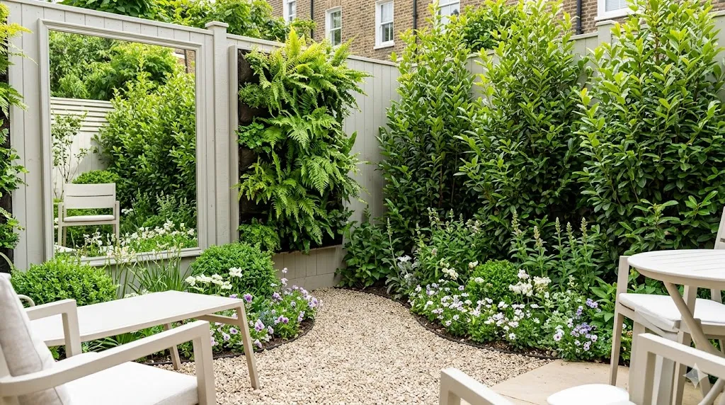 How to make a tiny garden feel bigger – featured image showing mirror illusion, vertical wall, curved path, light furniture, and layered planting.