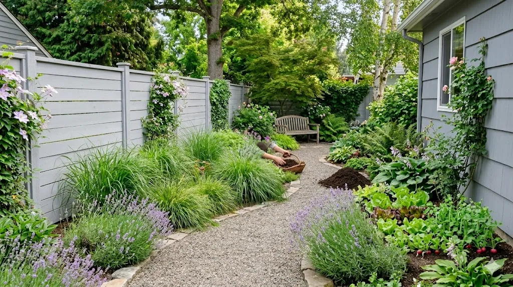 Spring garden refresh what to plant and tidy β featured image showing pruned shrubs, vegetable bed, compost, mulch, and clean path.