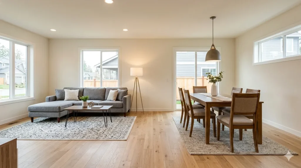 How to style an open plan dining and living area β featured image showing living zone with sectional and rug, dining zone with table and pendant light.