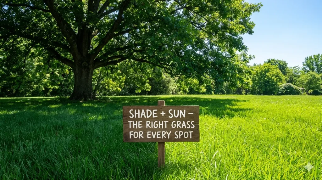 Best grass seed types for shade and sun β featured image showing fine fescue thriving in shade and tall fescue in full sun.