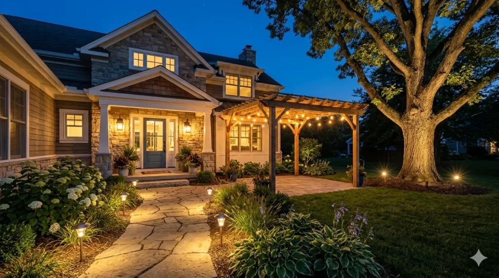Solar-powered exterior lights best options – featured image showing pathway lights, wall sconces, string lights, and spotlights illuminating a home at dusk.