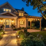 Solar-powered exterior lights best options – featured image showing pathway lights, wall sconces, string lights, and spotlights illuminating a home at dusk.