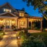 Solar-powered exterior lights best options – featured image showing pathway lights, wall sconces, string lights, and spotlights illuminating a home at dusk.