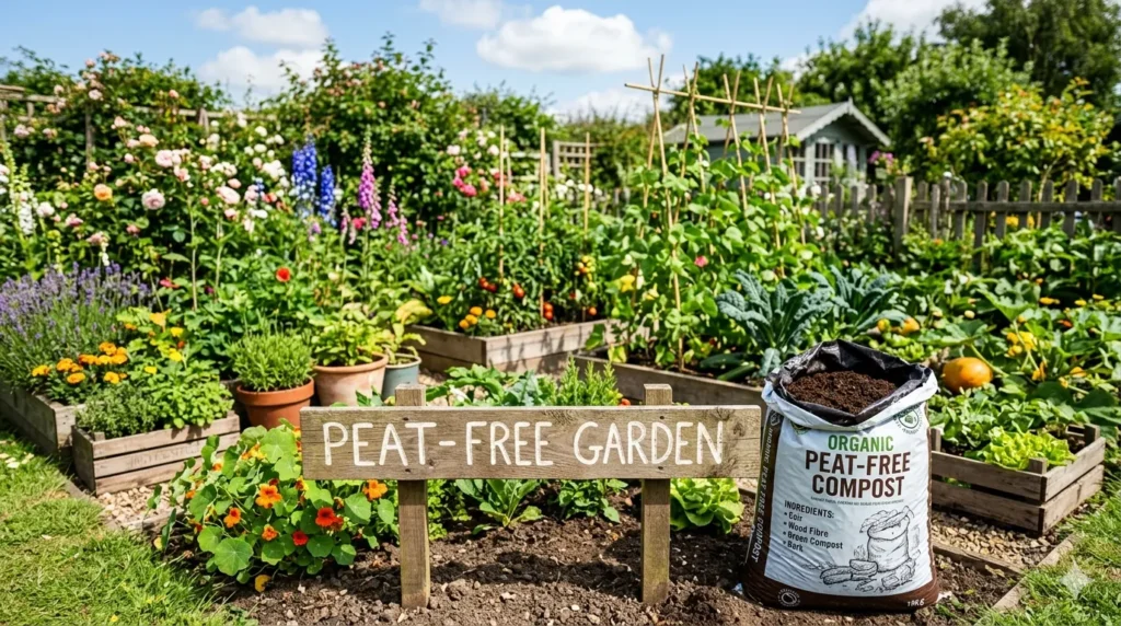 Peat-free gardening alternatives and benefits – featured image of a thriving garden with peat-free compost bag and sign.