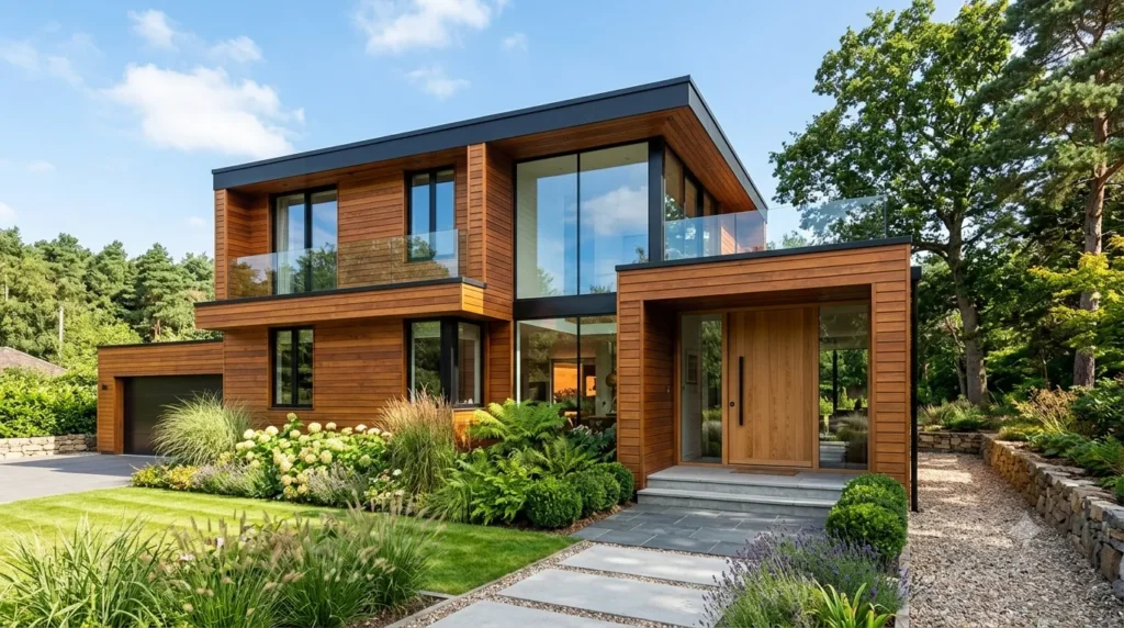 7 Proven Secrets for Wood Cladding Maintenance & Style – a featured image of a stunning modern home with warm cedar shiplap cladding and large windows.