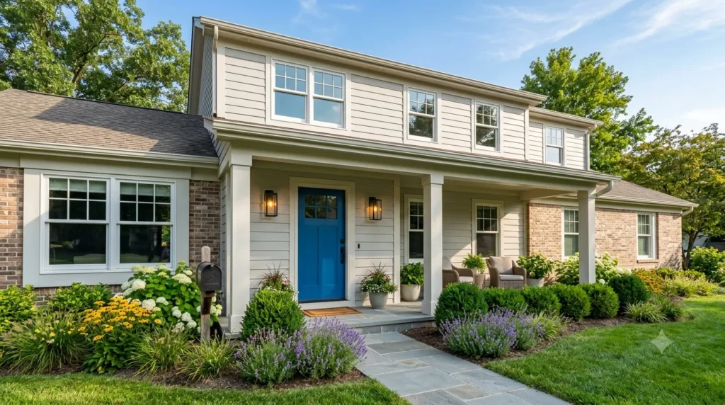 Before and after dramatic curb appeal transformations – five key elements: painted door, new windows, landscaping, porch, and lighting.