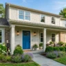Before and after dramatic curb appeal transformations – five key elements: painted door, new windows, landscaping, porch, and lighting.