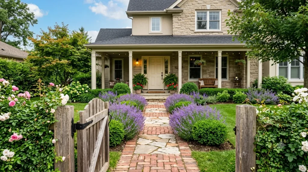 Paved pathway ideas from gate to front door – featured image of a brick and stone path leading through lavender to a warm white front door.