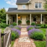 Paved pathway ideas from gate to front door – featured image of a brick and stone path leading through lavender to a warm white front door.