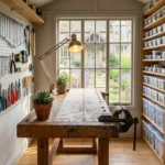 Workshop shed design and layout ideas – featured image of an organized workshop with workbench, pegboard tool wall, and storage shelving.