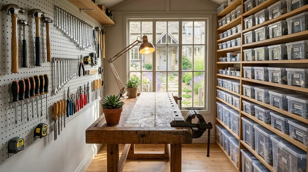 Workshop shed design and layout ideas β featured image of an organized workshop with workbench, pegboard tool wall, and storage shelving.