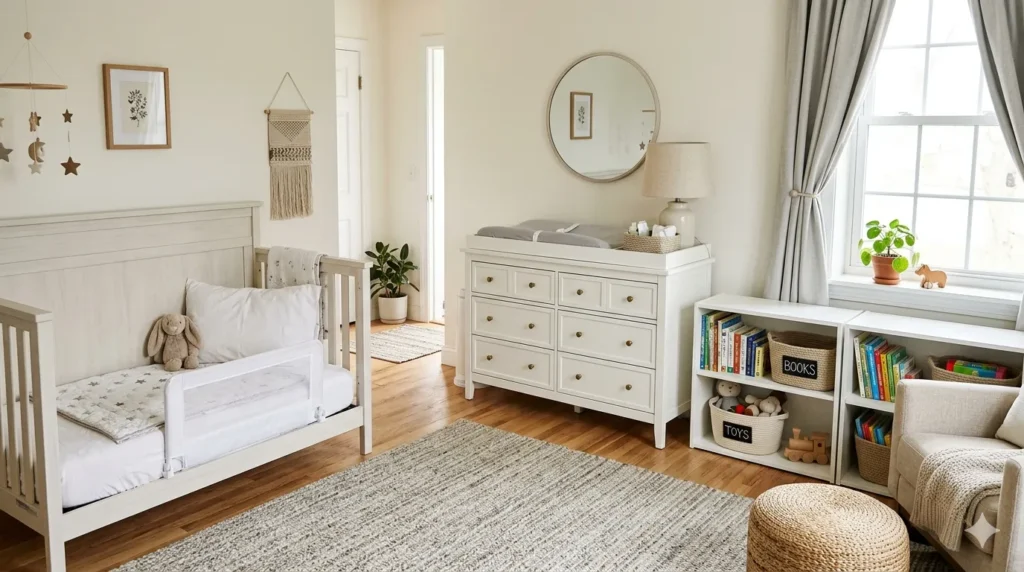 How to design a nursery that grows with your child β featured image of a neutral, adaptable nursery with convertible bed, dresser, open shelves, and blackout curtains.