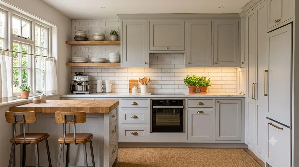 Small kitchen layout ideas that maximize every inch β featured image of a bright, efficient kitchen with light cabinets, open shelves, and compact island.