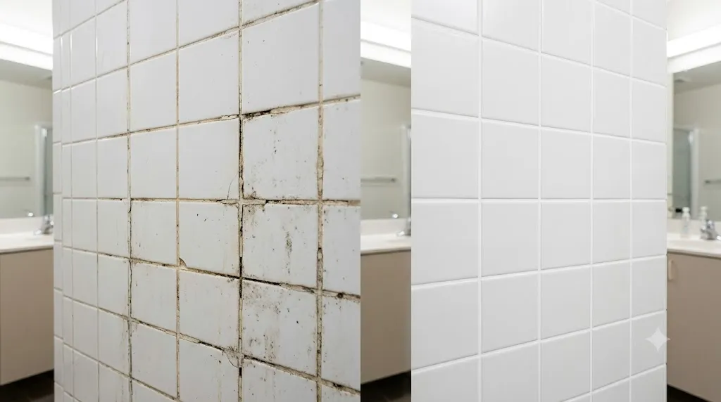 How to regrout bathroom tiles without a full renovation β featured image showing before and after comparison of cracked grout transformed to fresh white grout.