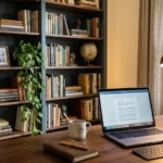 Home office bookshelf styling for video calls – featured image of a styled bookshelf behind a desk with laptop and warm lighting.