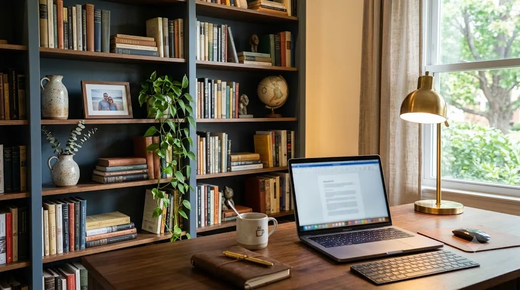 Home office bookshelf styling for video calls – featured image of a styled bookshelf behind a desk with laptop and warm lighting.