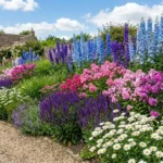 Perennial border ideas that look good every season – featured image of a layered perennial border with delphiniums, phlox, salvia, and shasta daisies.