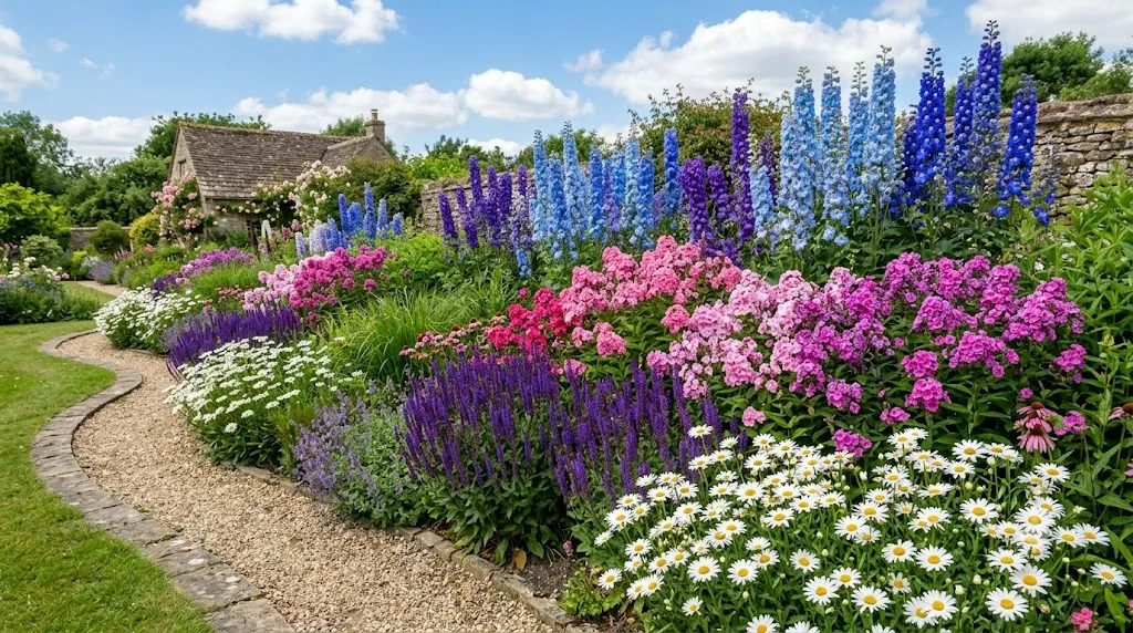 Perennial border ideas that look good every season – featured image of a layered perennial border with delphiniums, phlox, salvia, and shasta daisies.