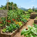 chemical-free gardening – featured image of an organic vegetable garden with sign, tomato plants, marigolds, and a ladybug.