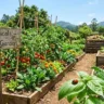 chemical-free gardening – featured image of an organic vegetable garden with sign, tomato plants, marigolds, and a ladybug.