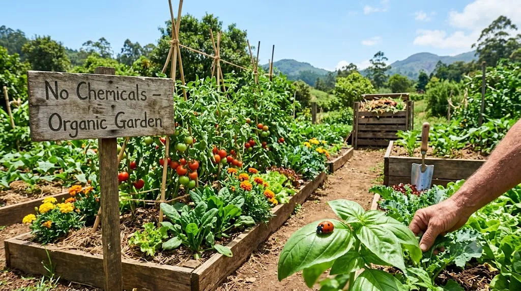 chemical-free gardening – featured image of an organic vegetable garden with sign, tomato plants, marigolds, and a ladybug.
