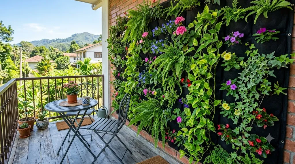 Vertical garden wall ideas for small spaces – featured image of a lush modular vertical garden on a small balcony with trailing plants and flowers.