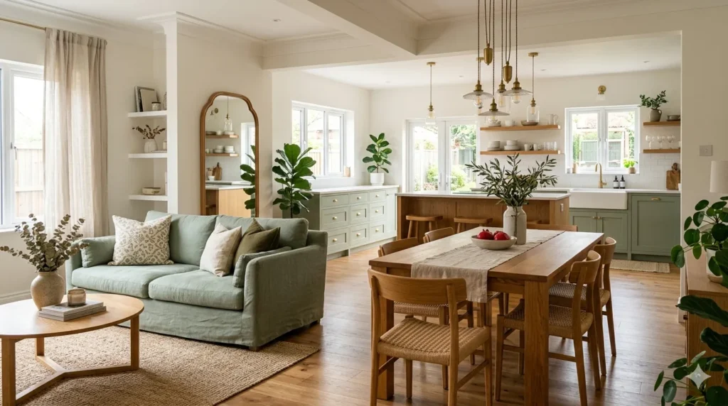How to create a cohesive interior style across every room β featured image showing living, dining, and kitchen unified by sage green, oak wood, linen, and brass.