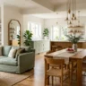How to create a cohesive interior style across every room – featured image showing living, dining, and kitchen unified by sage green, oak wood, linen, and brass.