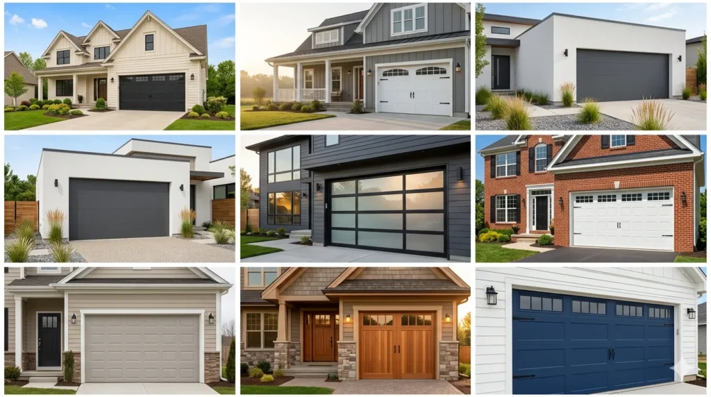 Garage door styles that transform your home's facade β featured image of a charcoal black carriage house garage door on a white home.