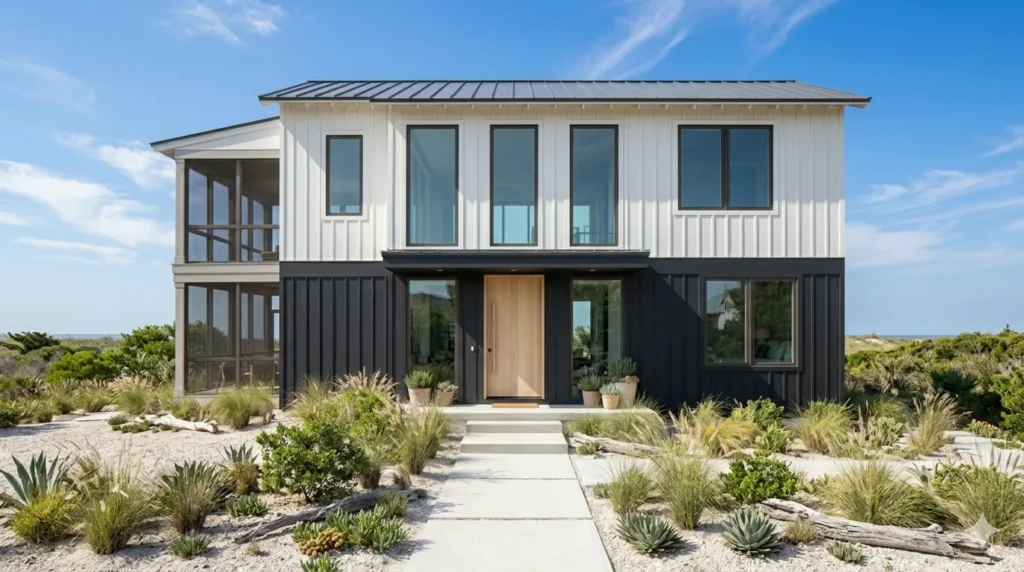 Two-tone exterior paint ideas for modern homes – featured image of a white and charcoal black modern home.