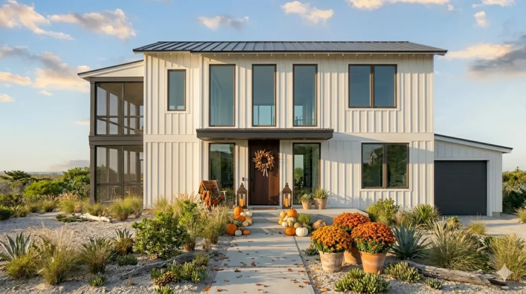 How to decorate your exterior for autumn – featured image of a home with wreath, pumpkins, lanterns, mums, and plaid blanket.