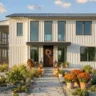 How to decorate your exterior for autumn – featured image of a home with wreath, pumpkins, lanterns, mums, and plaid blanket.