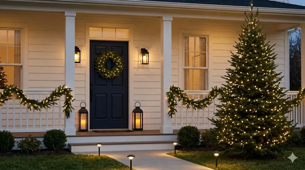 Christmas exterior lighting ideas that look elegant – featured image of a home with lit wreath, lanterns, garland, tree lights, and path lights.