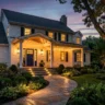 Exterior lighting ideas that boost curb appeal at night – featured image of a home with path lights, sconces, uplights, step lights, and string lights.