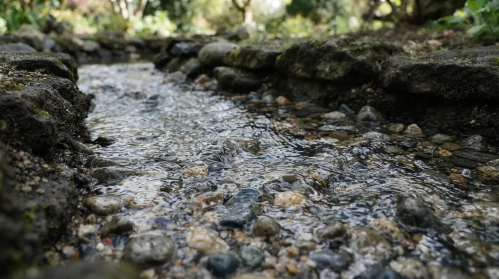 Rill and stream garden water feature ideas – close-up of clear water flowing over smooth pebbles in a garden rill.