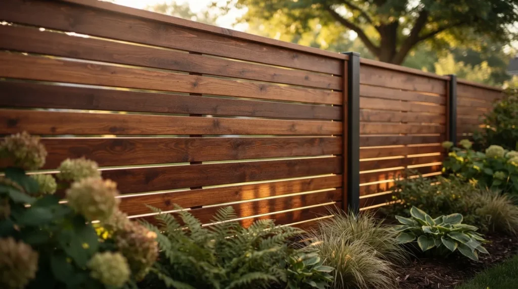 Privacy fence ideas that actually look stylish – close-up of horizontal cedar slat fence with shadow gaps and warm stain.