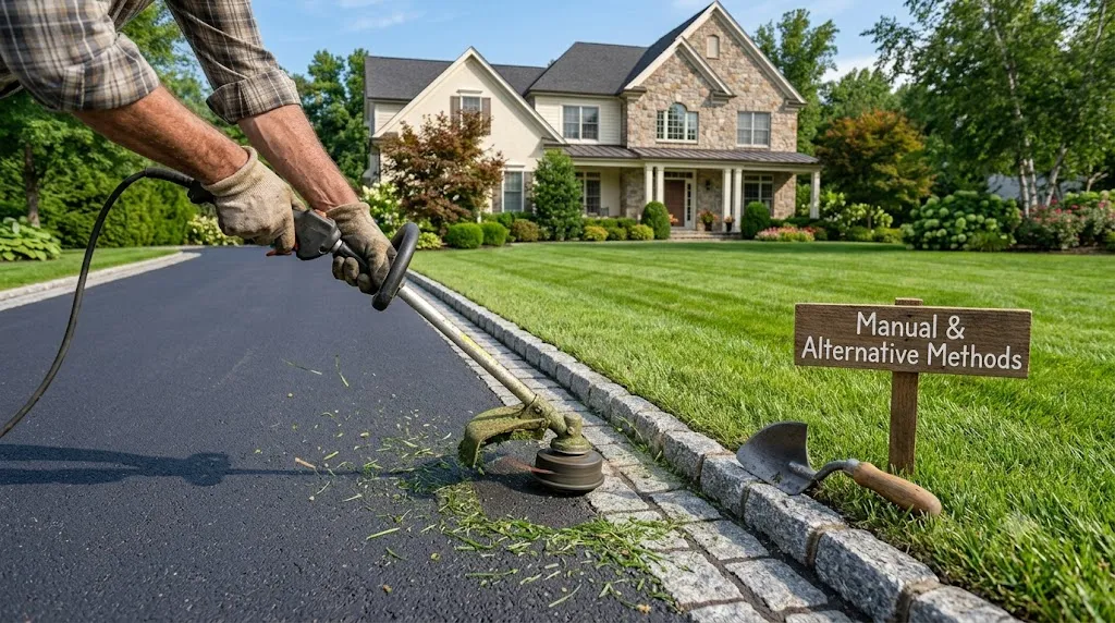 How to edge a driveway like a pro – manual edging methods with a string trimmer and half-moon hand edger.