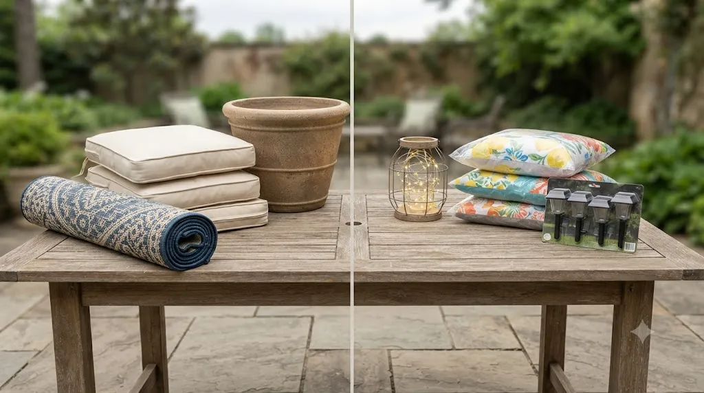 Stunning garden decor ideas that definitely don't look cheap – spend vs. save guide with quality outdoor rug and cushions versus budget lantern filler and seasonal textiles.