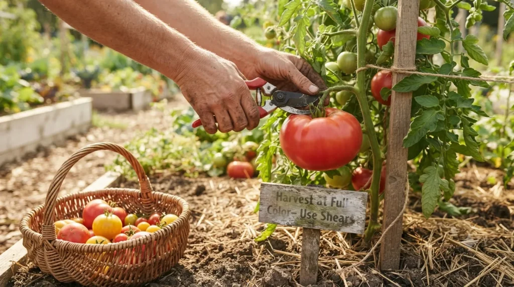 How to grow massive tomatoes – step 9 harvesting giant ripe tomatoes with garden shears into a basket.