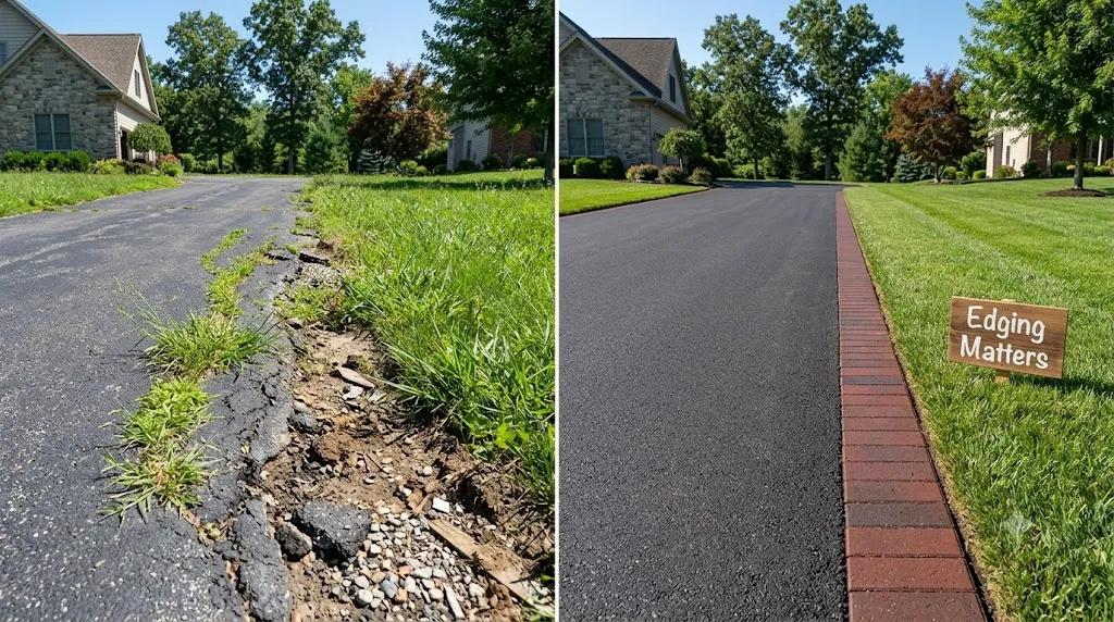 How to edge a driveway like a pro – before and after comparison showing driveway without edging versus driveway with crisp brick edging.