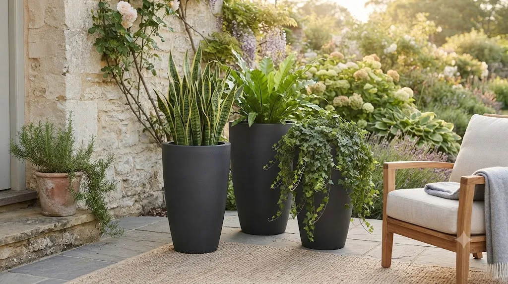 Stunning garden decor ideas that definitely don't look cheap – three matching tall matte planters with structured plants on a stylish patio.
