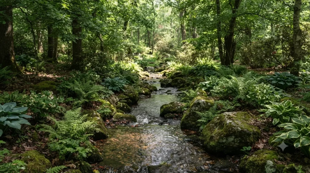 Rill and stream garden water feature ideas – naturalistic woodland stream with ferns and mossy boulders in a shady garden.