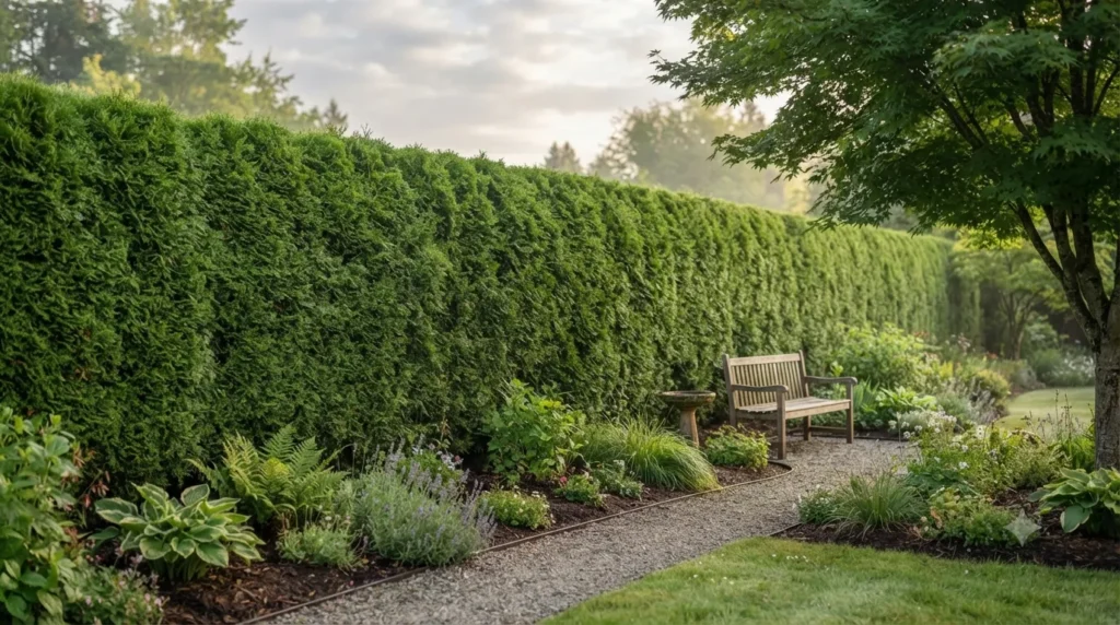 Privacy fence ideas that actually look stylish – dense green living fence with arborvitae hedges creating a natural privacy screen.