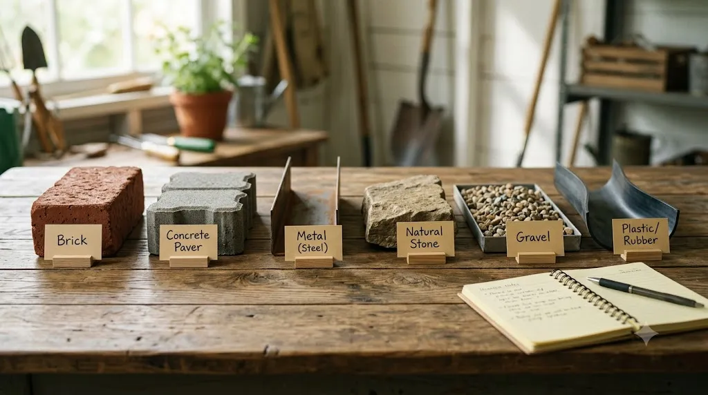 How to edge a driveway like a pro – six edging material samples: brick, concrete paver, metal, natural stone, gravel, and plastic.