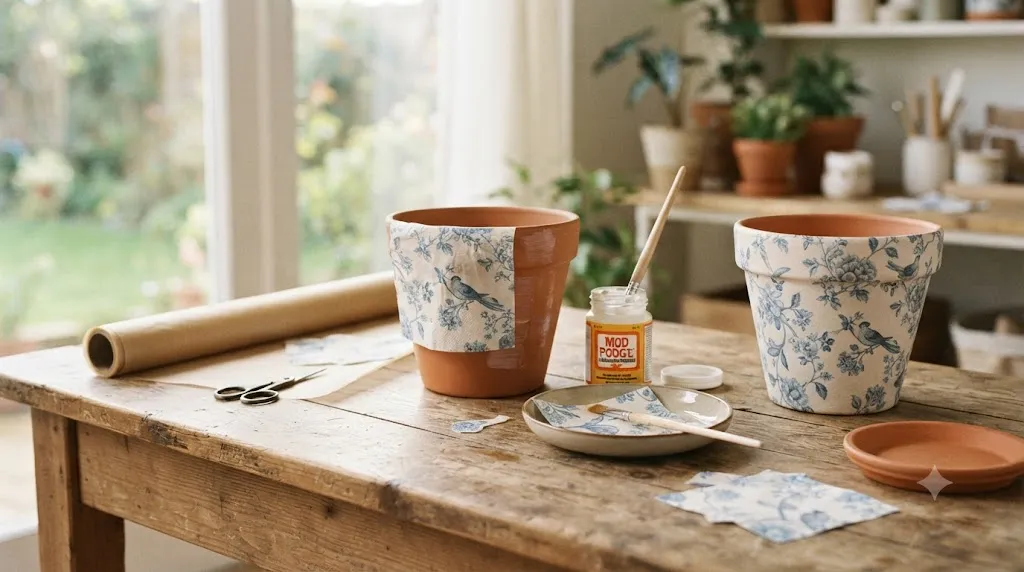 Stunning garden decor ideas that definitely don't look cheap – decoupage planter DIY with terracotta pot, napkin cut-out, and Mod Podge.