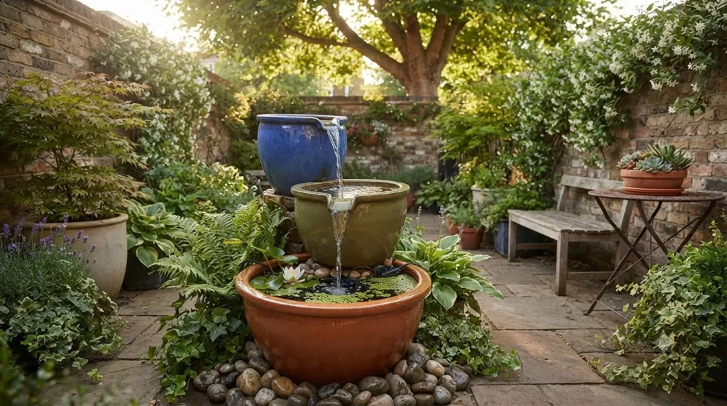 Rill and stream garden water feature ideas – container cascade with glazed ceramic pots trickling water on a small patio.