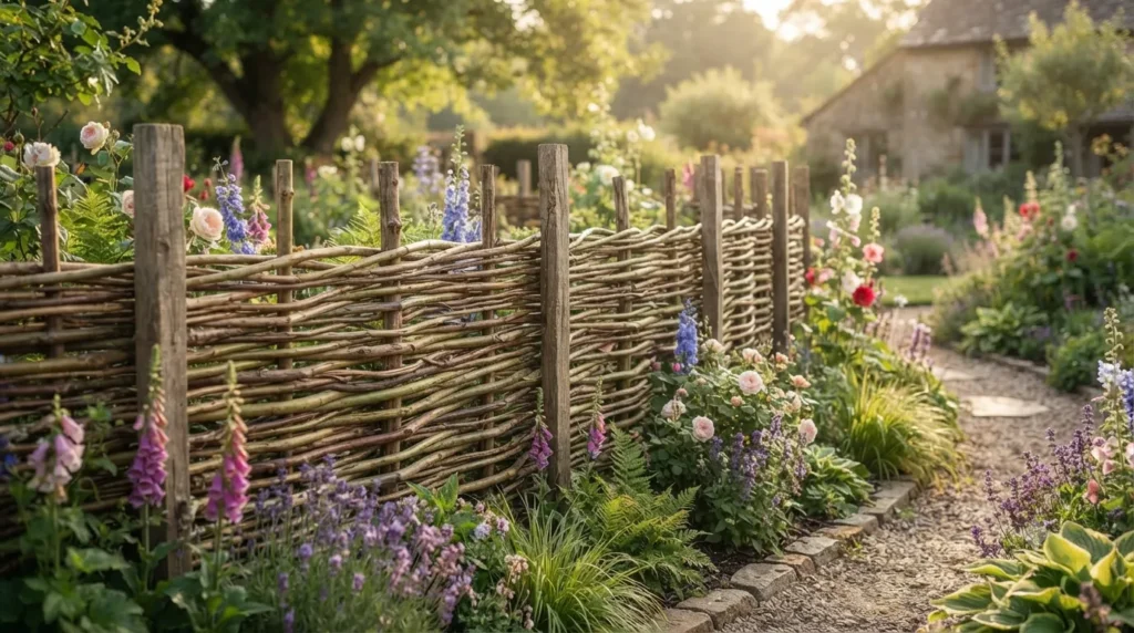 Privacy fence ideas that actually look stylish – rustic wattle fence woven from willow branches in a cottage garden.